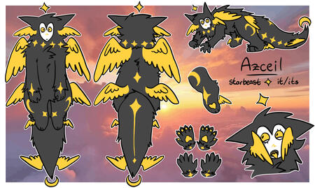 Flat Front + Mirrored Back, Unique Headshot, Extra Full, Paws Closeup x2, Name/Pronouns/Species, Pre-Existing Picture Background